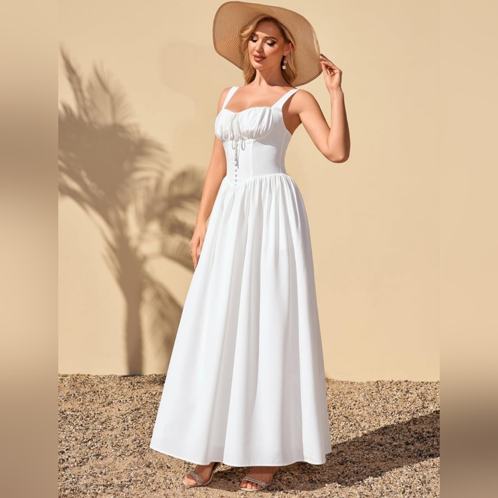 White Maxi Dress Corset Style Square Neck Size XL